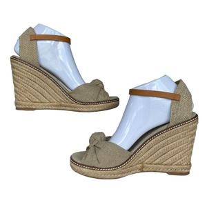 Tory Burch Macy Metallic Linen Peep Toe Knotted Band Espadrille Wedge Heel sz 10